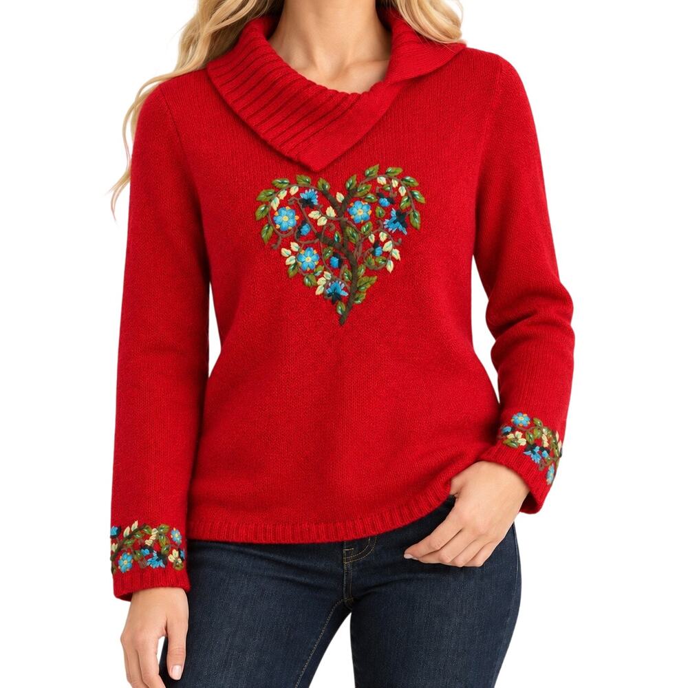Coldwater Creek Sz Small Red Heart Embroidered Sweater Shirt Top Christmas Artsy